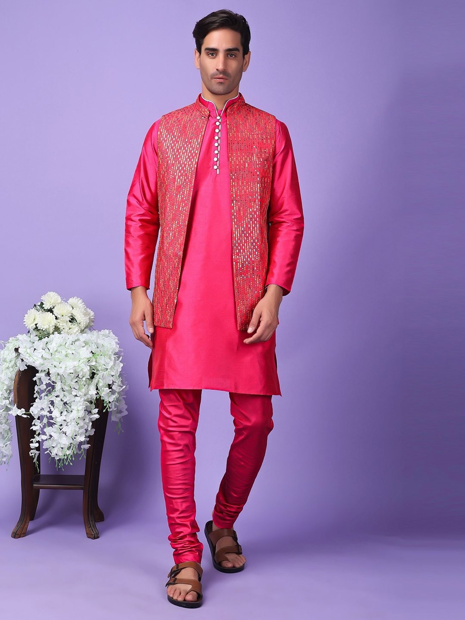 Hangup Pink Regular Fit Embroidered Kurta Set With Jacket