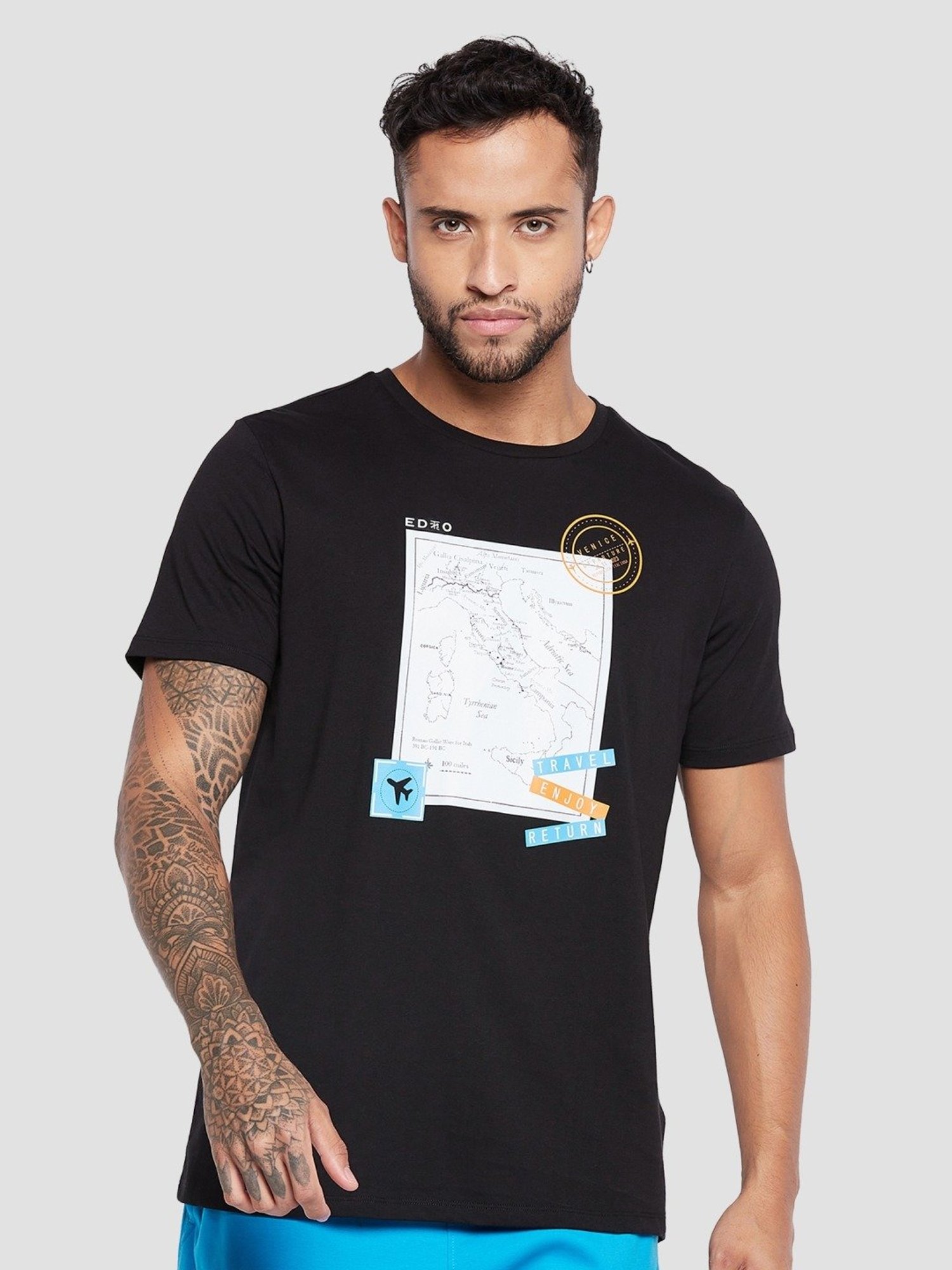 Edrio Black Cotton Relaxed Fit Printed T-Shirt