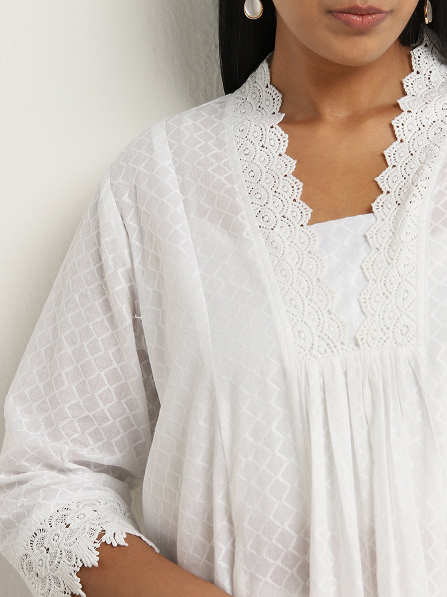 Diza by Westside White Crochet Detailed A-line Cotton Kurta
