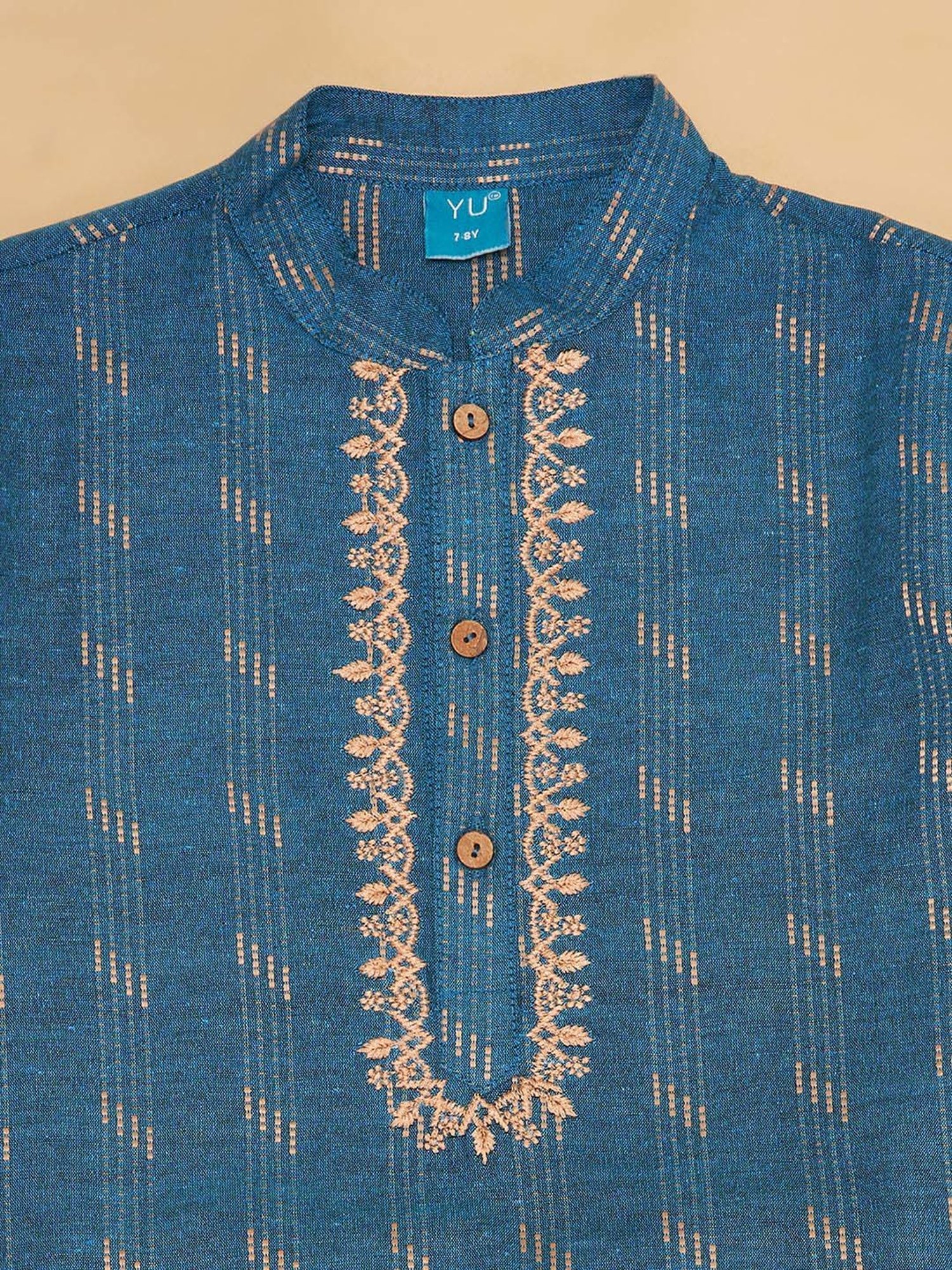 YU by Pantaloons Kids Teal Blue & Brown Cotton Embroidered Full Sleeves Kurta Set