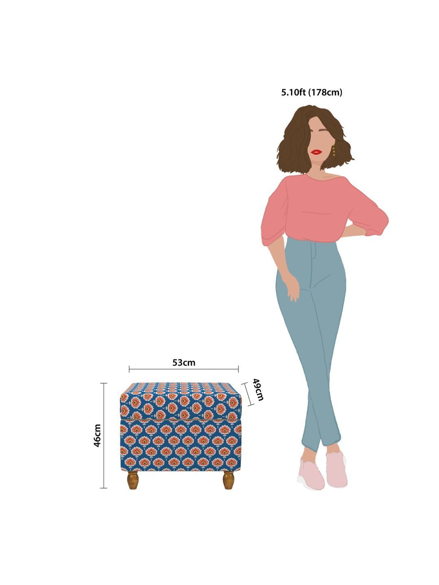Chumbak Ikat Blue & Pink Mango Wood Modern Trunk Storage Ottoman