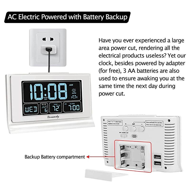Auto Set Digital Alarm Clock with USB Charging Port 66 Inches Large Screen with TimeDateTemperature Display Full Range Brightness Dimmer Auto DST Setting Snooze White