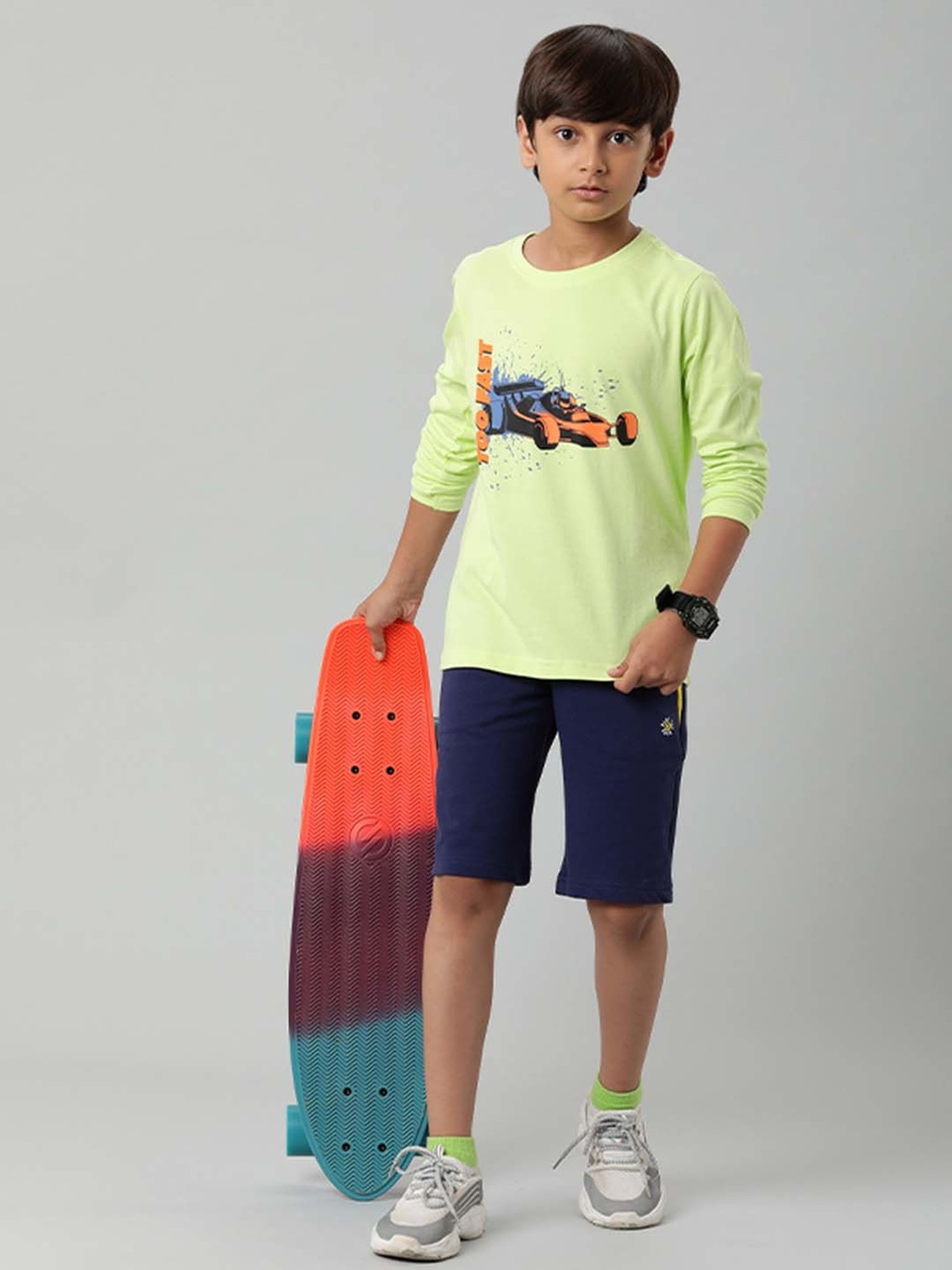 Indian Terrain Kids Green Cotton Printed Full Sleeves T-Shirt