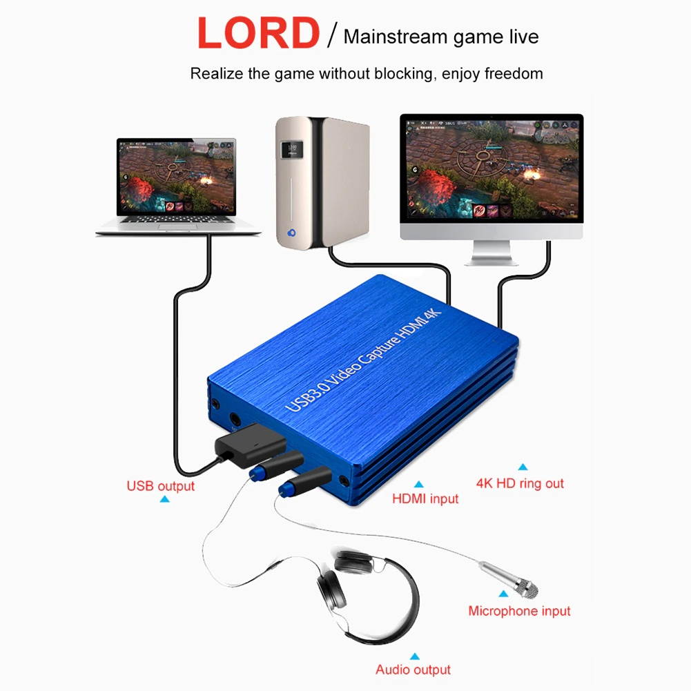 4K HDMI Capture Card Video Capture Device HDMI to USB 3.0 Game Broadcast Microphone HD 1080p Live Streaming Video Record Capture