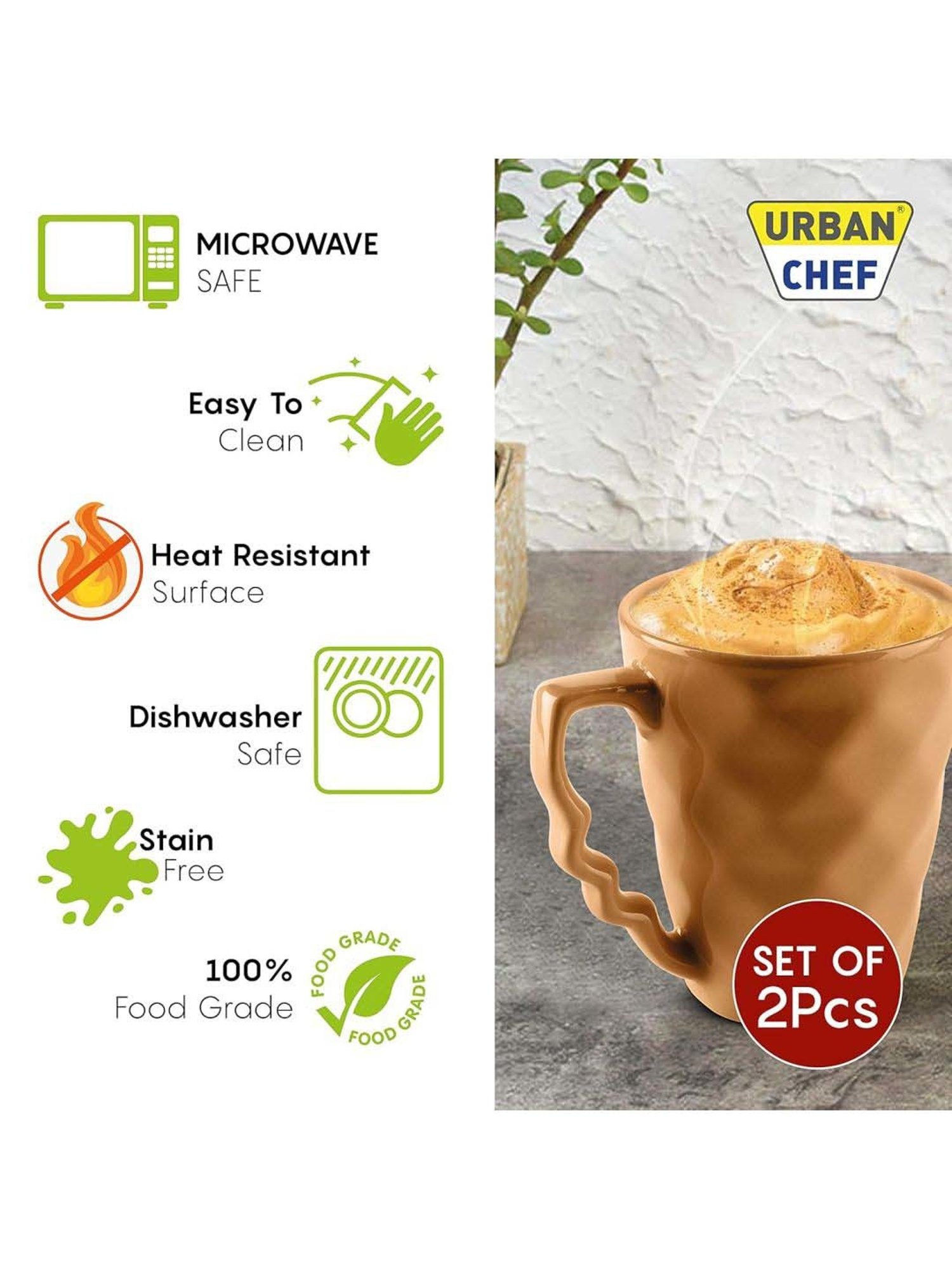 Urban Chef Brown Ceramic Prism Microwave Safe Coffee Mug With Handle (0.225 L) - Set of 2