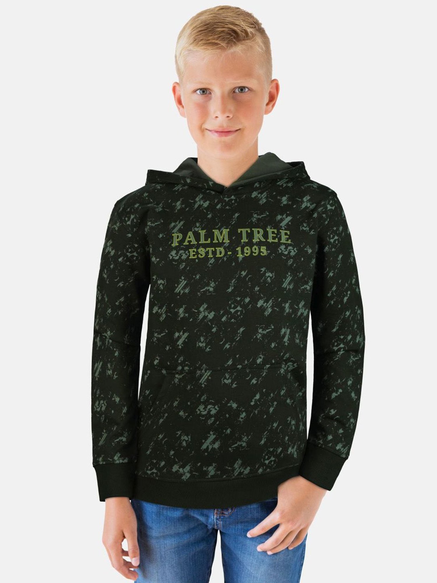 Palm Tree Kids Green Cotton Printed Full Sleeves Hoodie