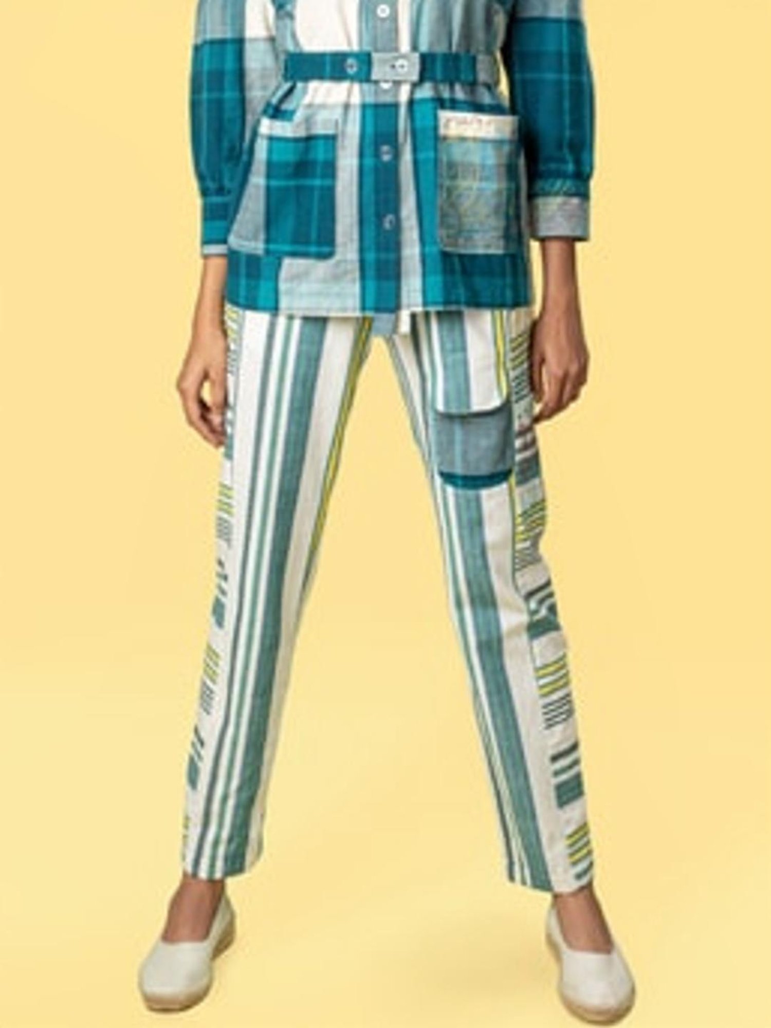 Anushe Pirani White & Teal Of Myriad Minds Safari Pants