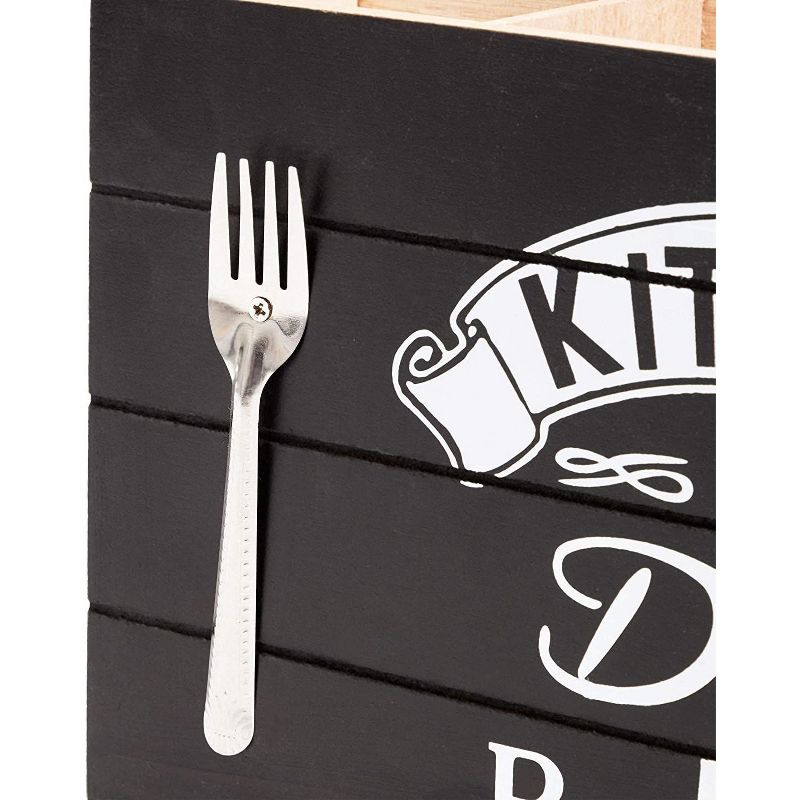 Rustic Wood Kitchen Cooking Utensil Holder Organizer Storage Caddy, 4 Compartments for Cutlery Silverware Flatware, 11.5"x3"x5.6" Brown/Black