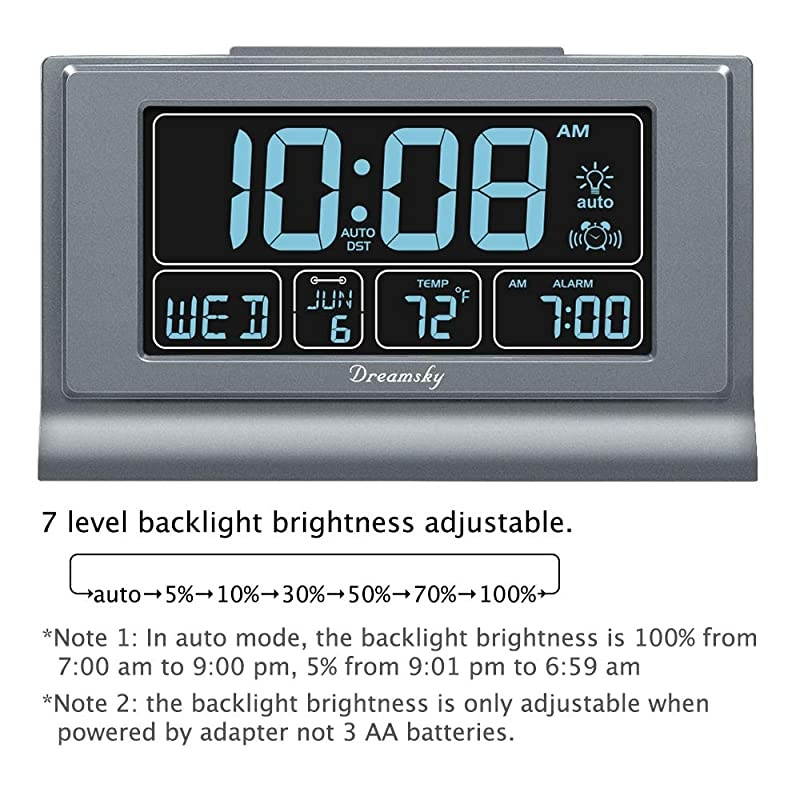 Auto Set Digital Alarm Clock with USB Charging Port 66 Inches Large Screen with TimeDateTemperature Display Full Range Brightness Dimmer Auto DST Setting Snooze Gray