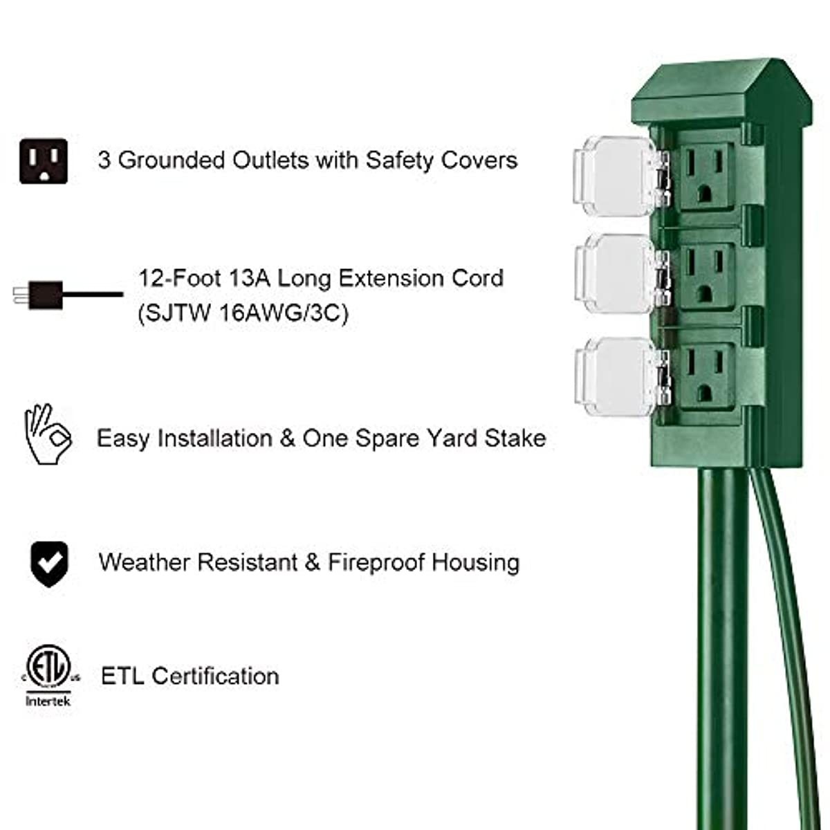 BESTTEN Outdoor Power Strip with 12 Feet Long Extension Cord, 3-Outlet Yard Power Stake with Weatherproof Protective Covers, ETL Certified, Green