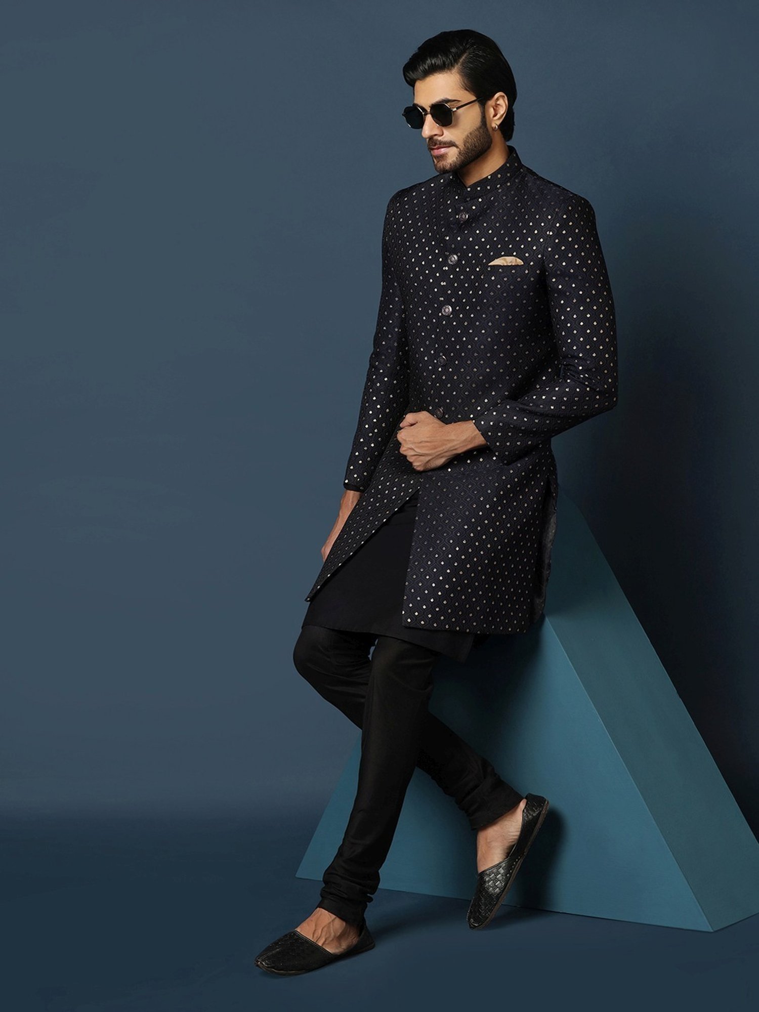KISAH Navy Cotton Regular Fit Self Pattern Sherwani Set