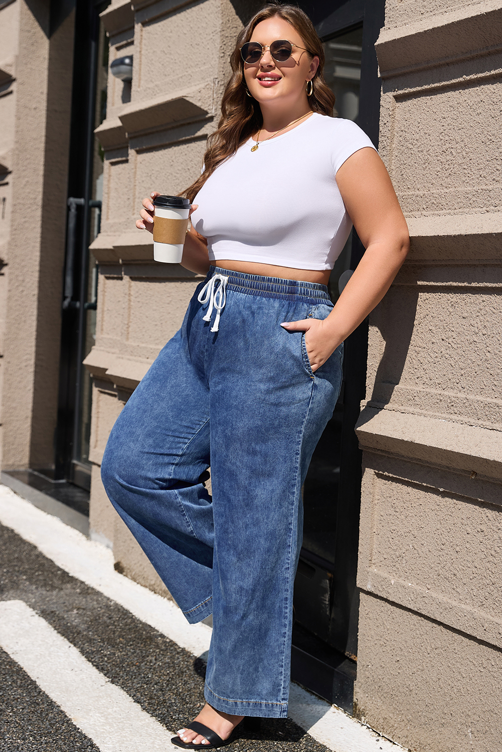 Dark Blue Plus Size Stitching Washed Flare Jeans