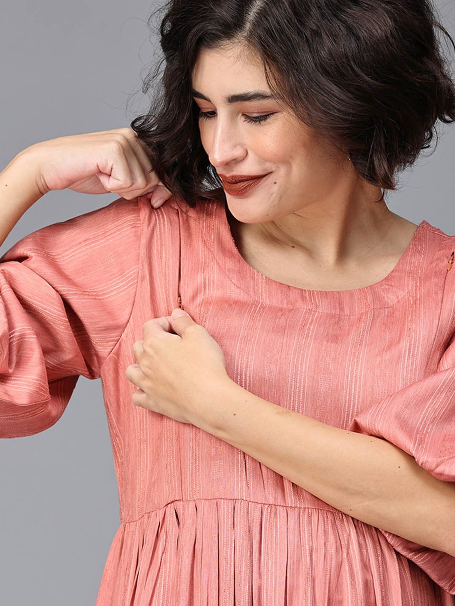 The Mom Store Peach Striped Maternity & Nursing Midi Tier Dress