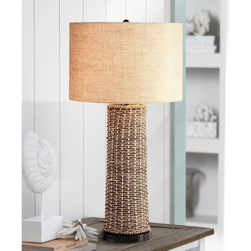 360 Lighting Coastal Table Lamp Woven Seagrass Burlap Drum Shade for Living Room Family Bedroom Bedside Nightstand Office