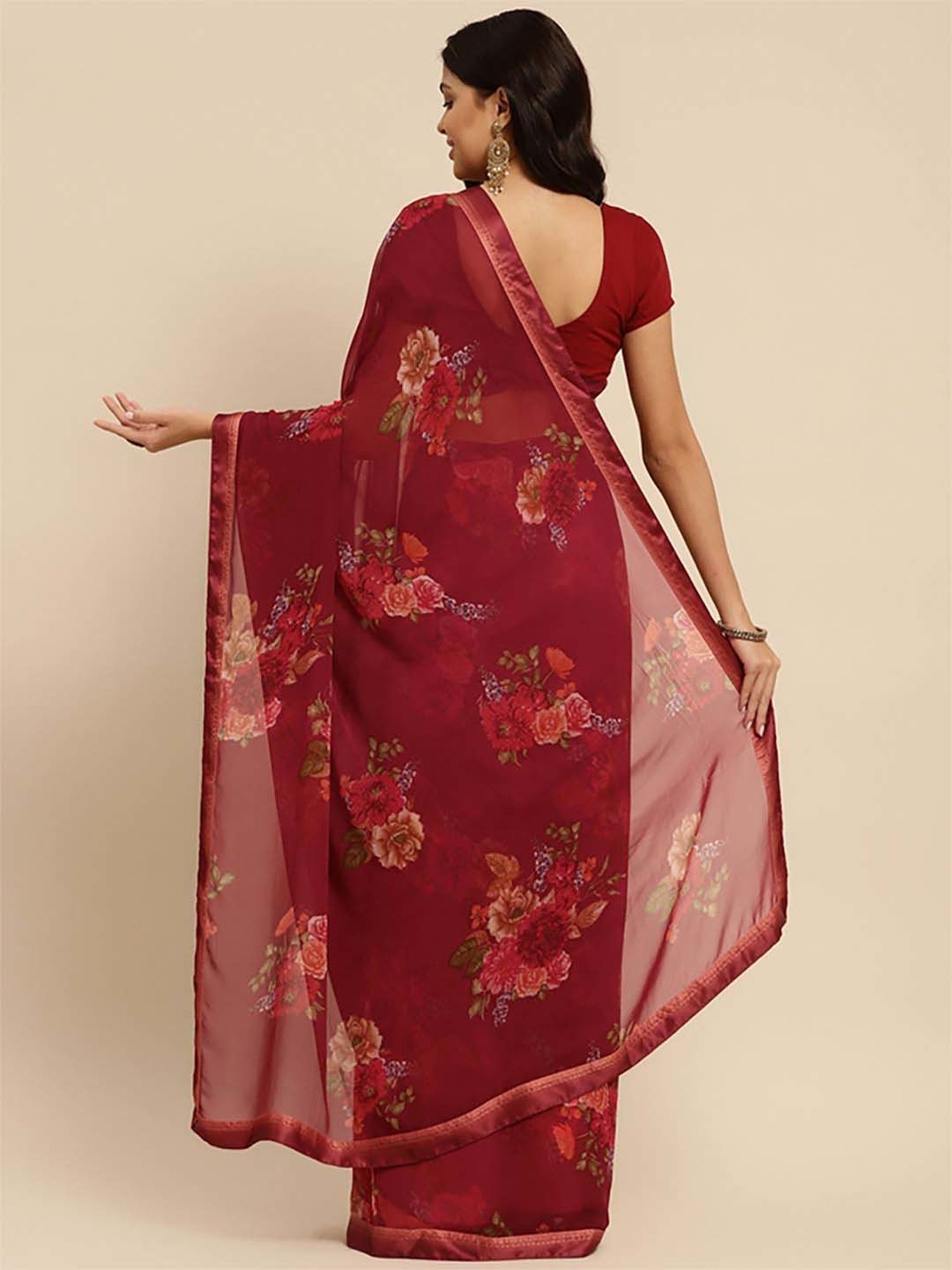 Rangita Maroon Floral Print Saree With Unstitched Blouse