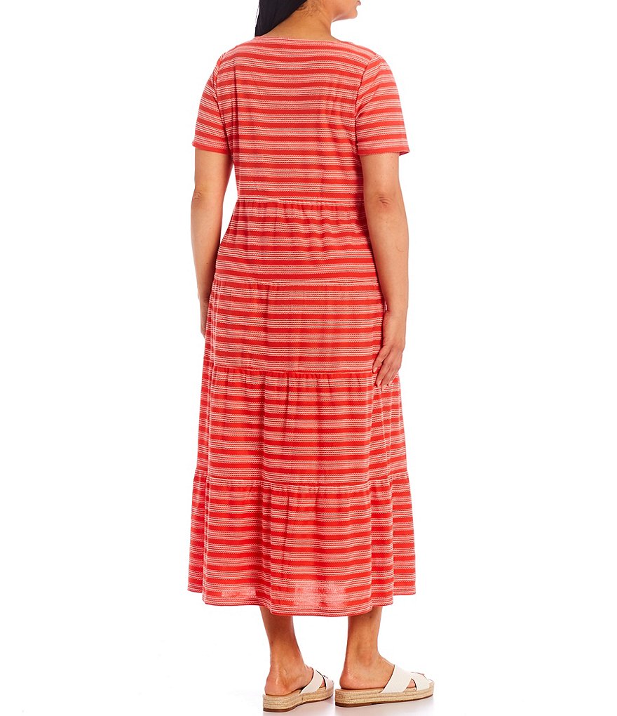 London Times Plus Size Striped Knit Scoop Neck Short Sleeve Tiered Maxi Dress
