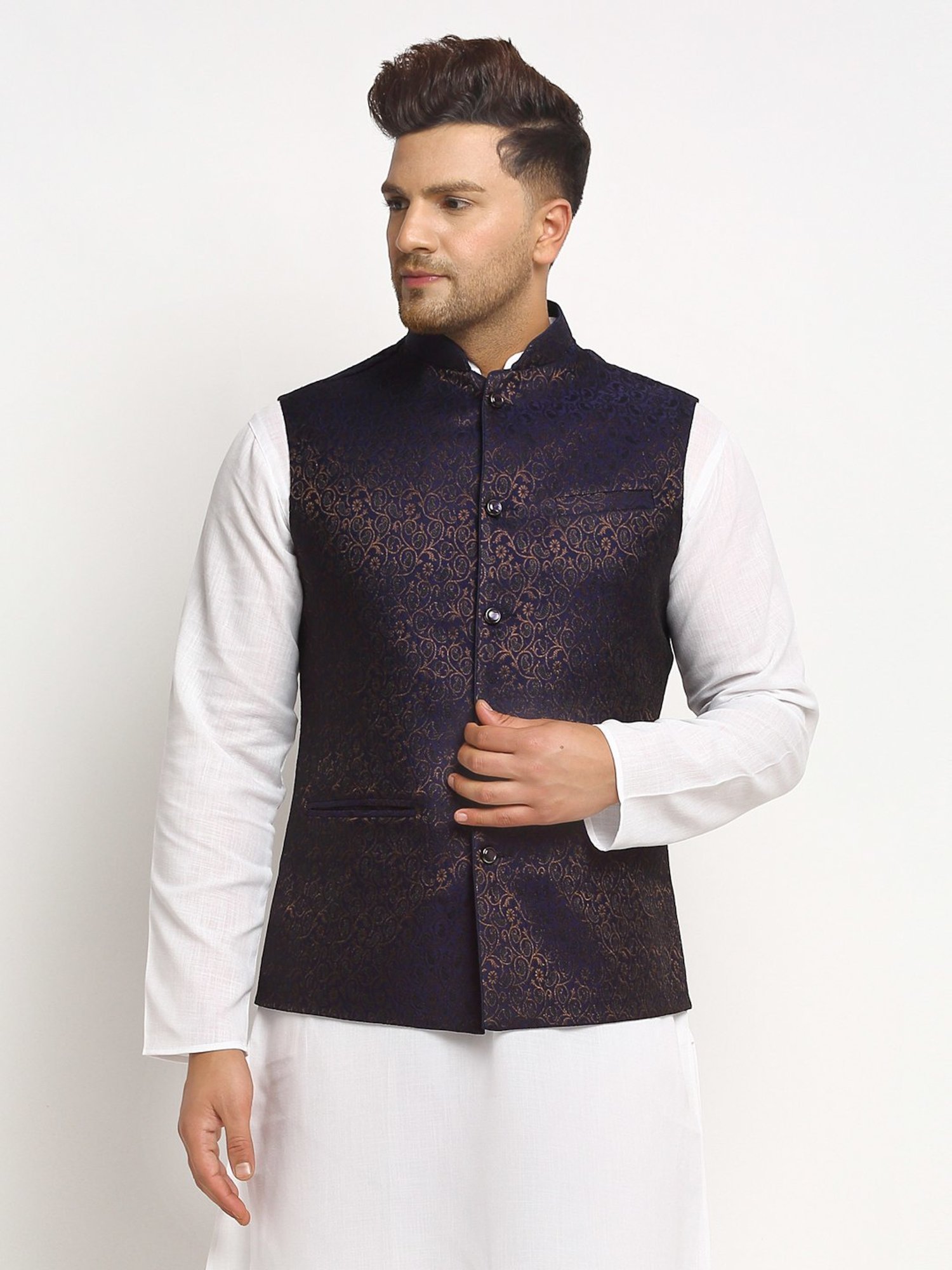 Treemoda Navy Blue Regular Fit Self Pattern Nehru Jacket