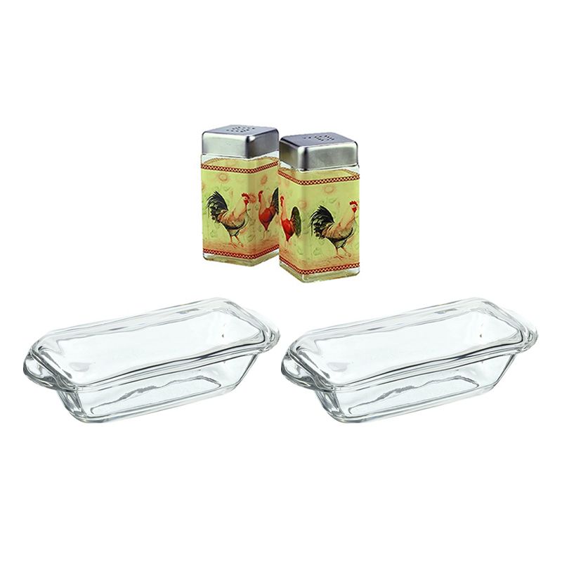 Grant Howard 4 Ounce Capacity Modern Square Glass Rooster Design Salt and Pepper Shaker Set for Kitchen and Dining Table, Multicolor (2 Pack)