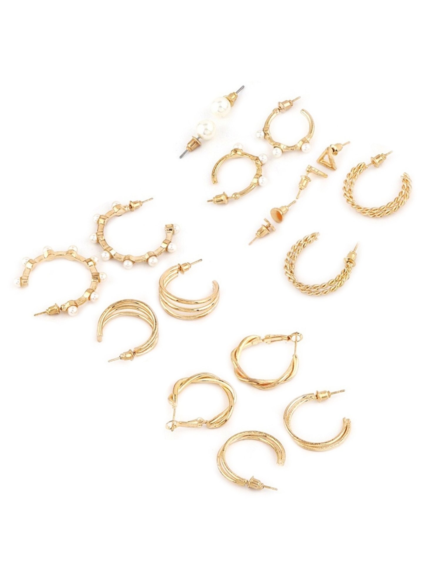 OOMPH Golden Tone Crystal & Pearl Fashion Ear Drop & stud Earrings for Women - Set of 9