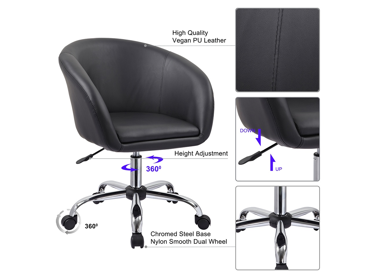 Swivel Height Adjustable Task Chair PU Leather Salon Stool with Wheels