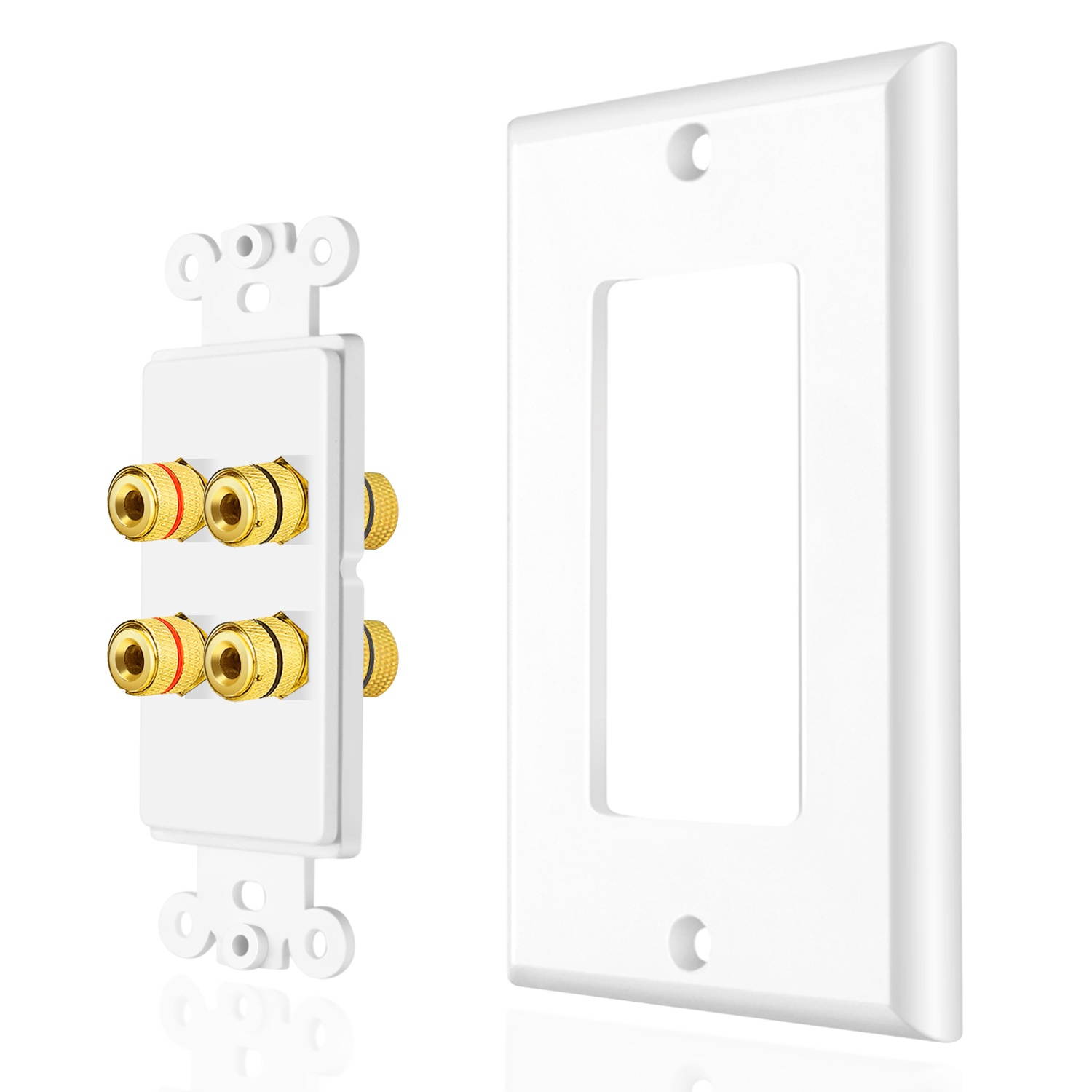 Home Theater Speaker Wall Plate Outlet - 2 Speaker Sound Audio Distribution Panel Gold Plated Copper Banana Plug Binding Post Connector Insert Jack Coupler (2 Pair, Single Gang, White)