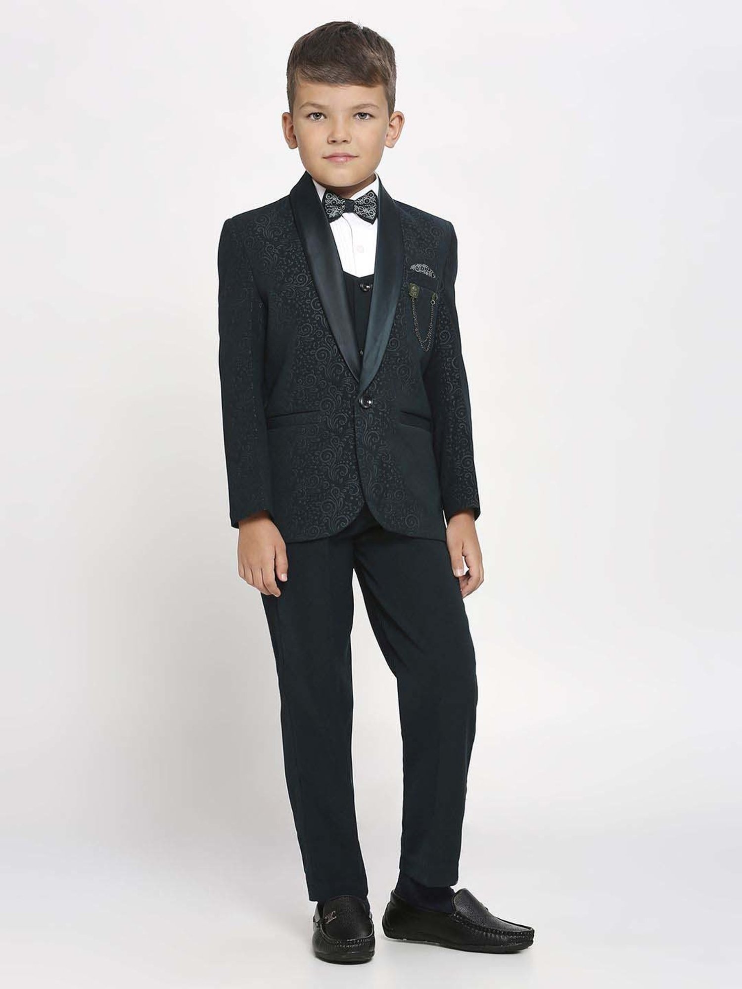 Kids Island Boys Green & White Embossed Full Sleeves Suit Set