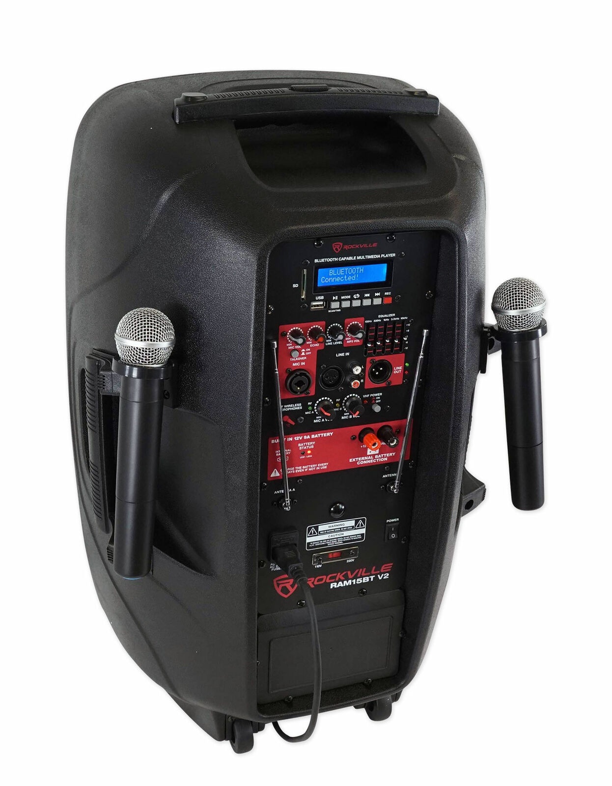 RAM15BT 15"Portable Rechargeable 800W DJ PA Speaker, 2 Mics, Bluetooth