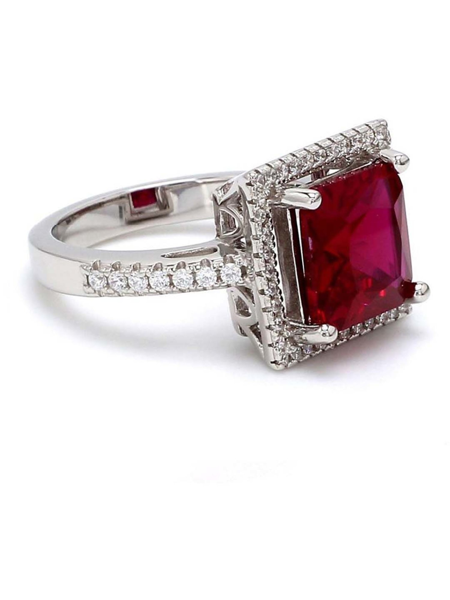 925 Silver Princess Cut Red Ruby and American Diamond Halo Wedding Ring for Women & Girls