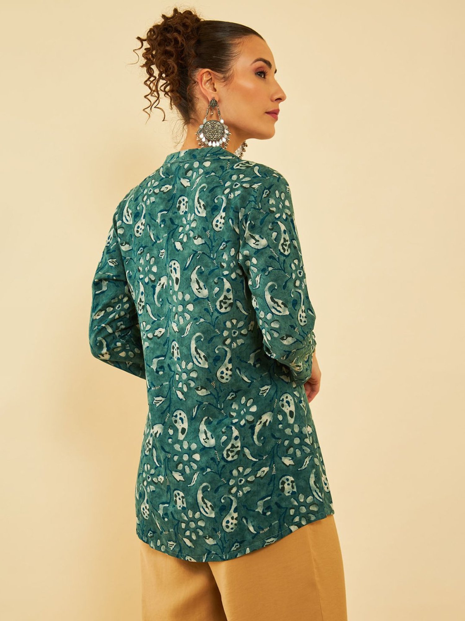 Soch Green Rayon Paisley Printed Mandarin Collar Tunic