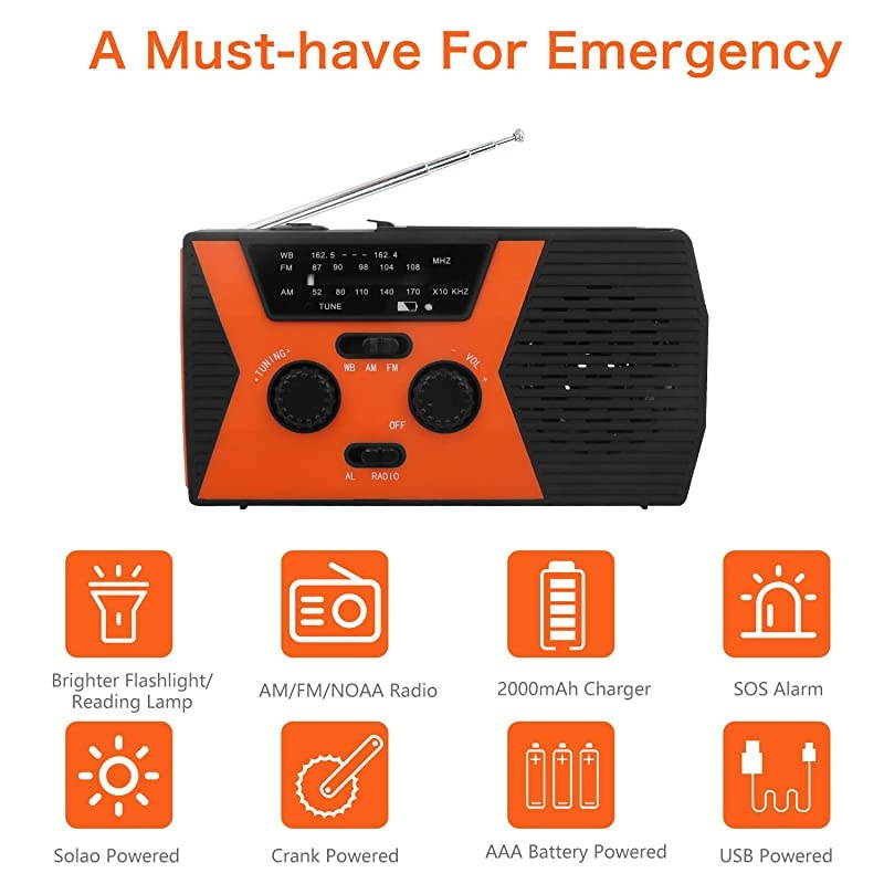 2020 Upgraded Emergency Solar Hand Crank Radio,  Hand Crank AM/FM/NOAA Weather Radio with Flashlight, Reading Lamp, 2000mAh Power Bank,USB Cell Phone Charger and SOS Alarm