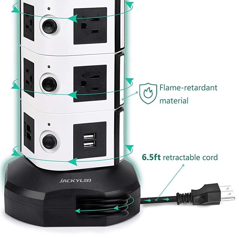 Strip Tower JACKYLED Surge Protector Electric Charging Station 3000W 13A 10 Outlets 4 USB Ports with 16AWG 65ft Heavy Duty Extension Cord for Home Office