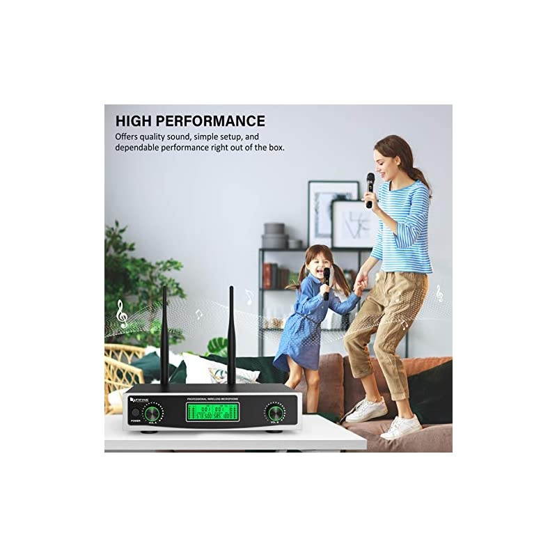Wireless Microphone System Two Handheld Dynamic Cordless Mic and Dual Channel Receiver 50 Selectable UHF Frequency for Karaoke Singing PartyChurchDJWeddingSchool PresentationK040