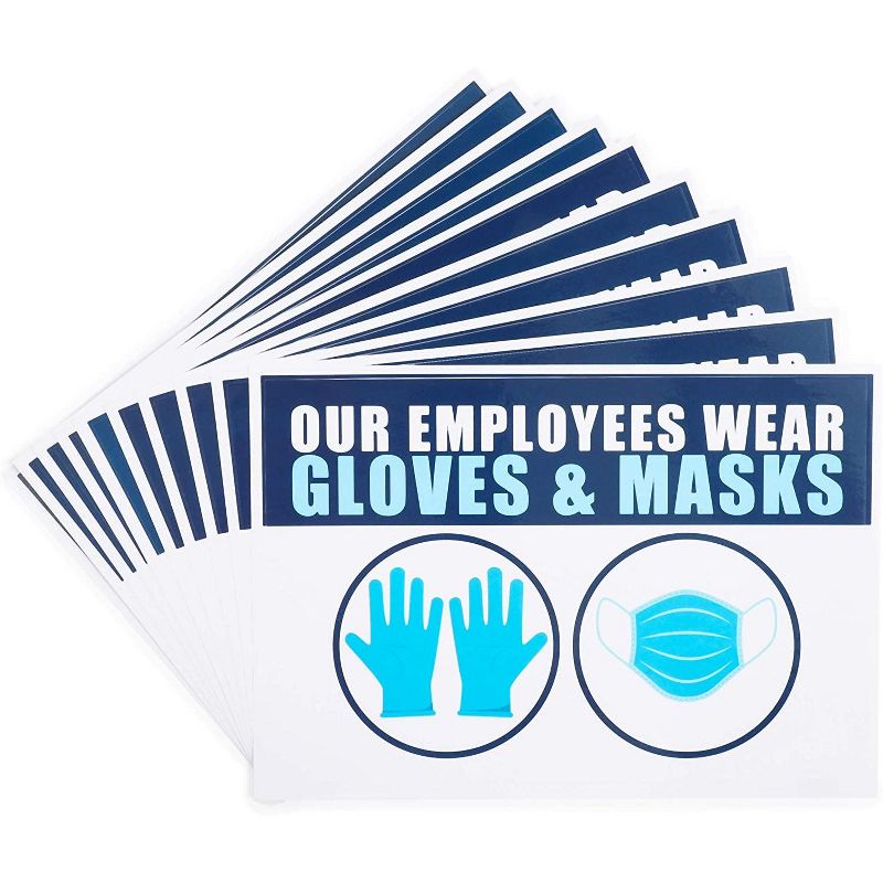 10-Count Safety Signs Sticker Decal of Our Employees Wear Gloves & Masks 4"x6"