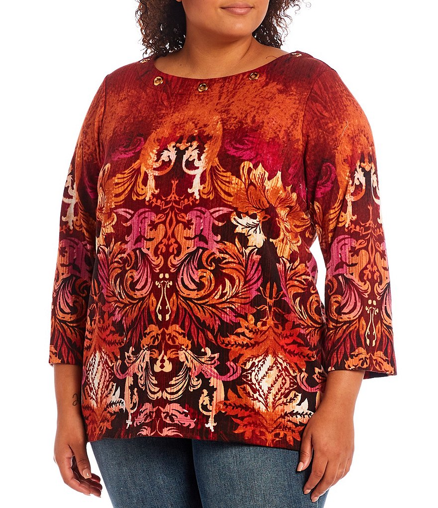 Ali Miles Plus Size Abstract Print French Terry Knit Grommet Embellished Round Neck 3/4 Sleeve Tunic