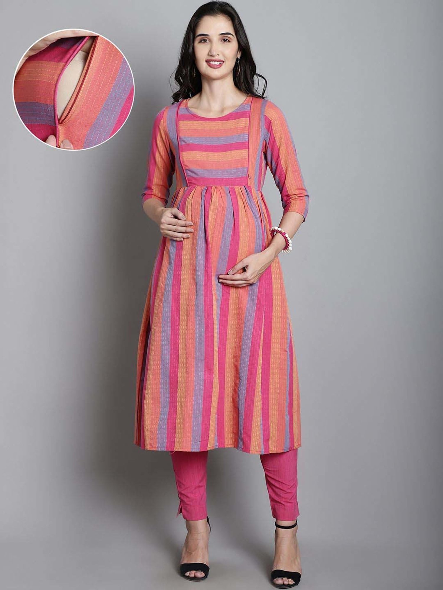 Moms Maternity Pink Cotton Striped Maternity Kurta Pants Set