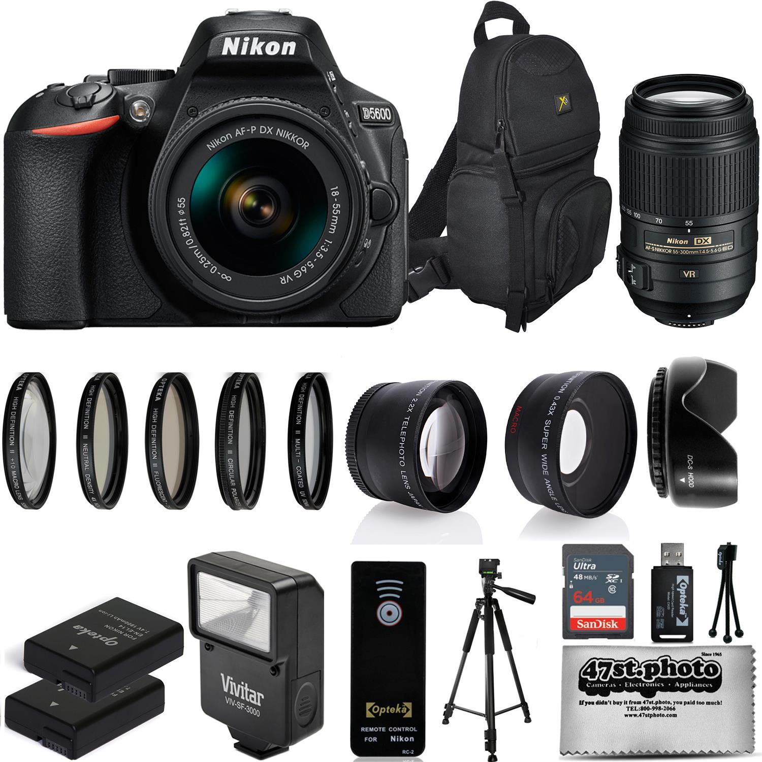Nikon D5600 Digital SLR Camera Black with 18-55mm and 55-300mm + 25PC Accessory Bundle Kit