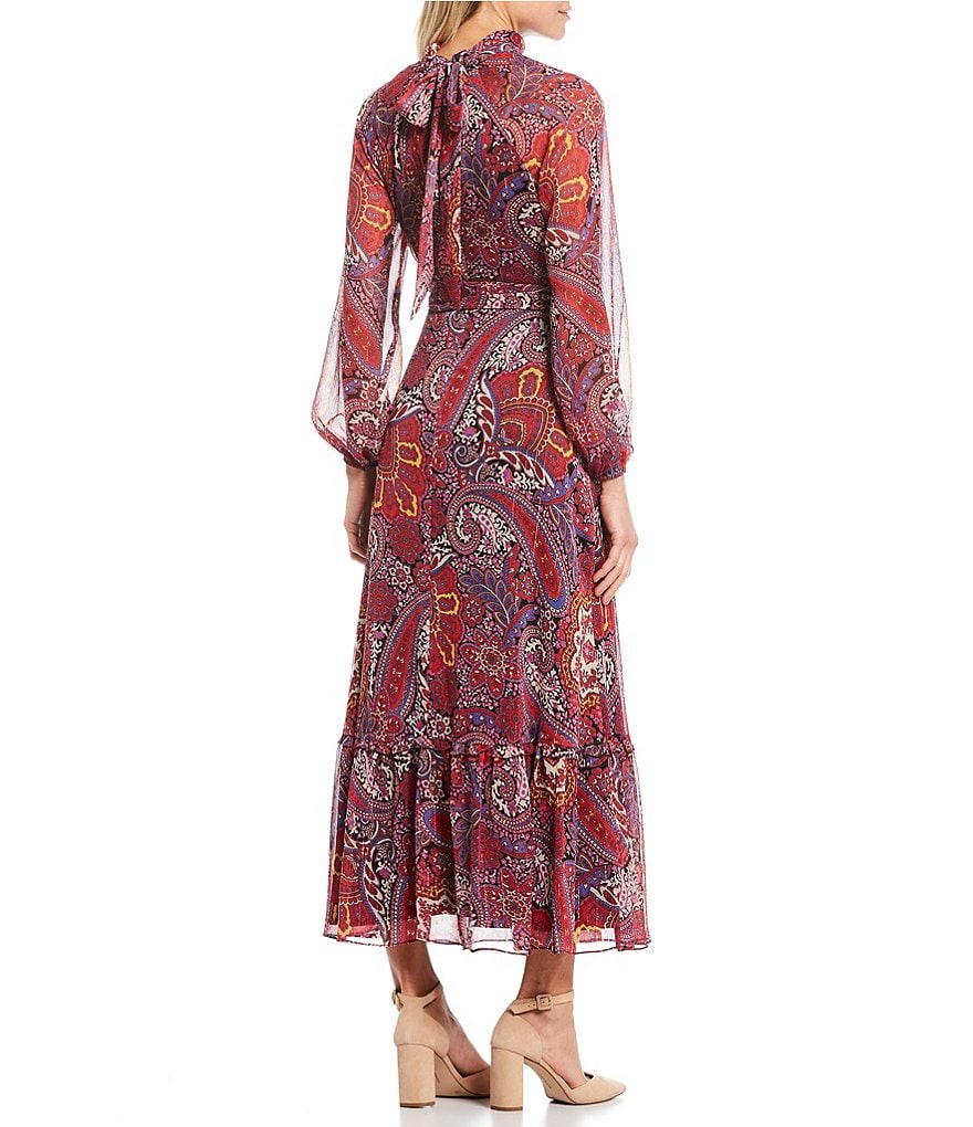 Tahari ASL Paisley Print Metallic Yoryu Long Sleeve Tie Waist Ruffle Hem Maxi Dress