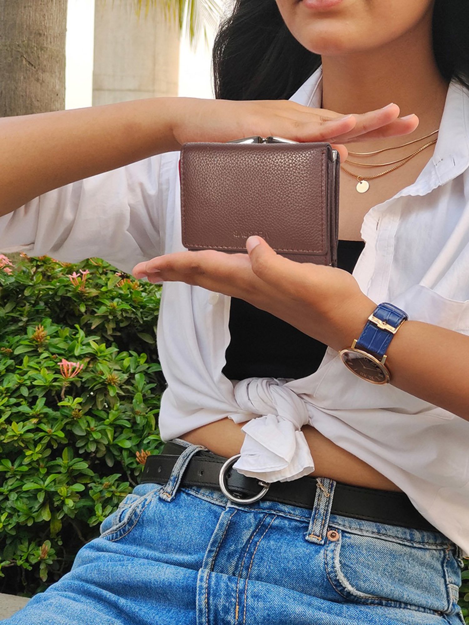 SASSORA Brown Textured Rfid Tri-Fold Wallet for Women