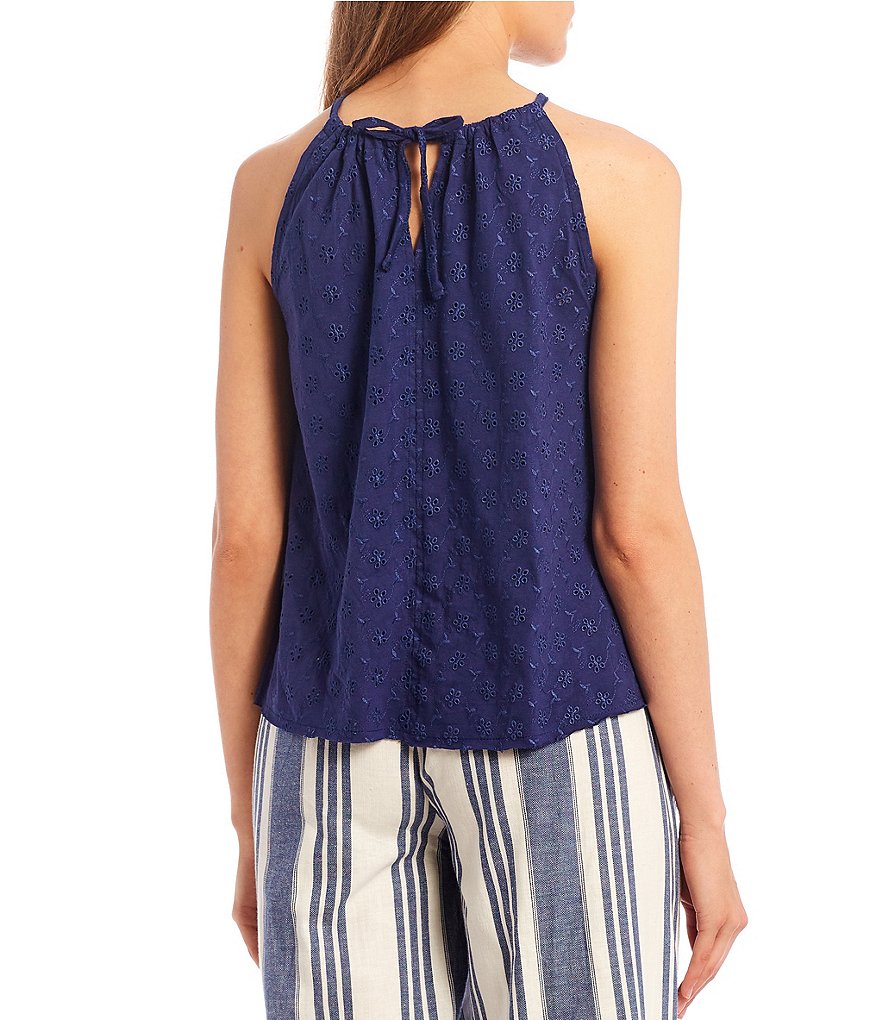 Coco + Jaimeson Spaghetti Strap Eyelet Halter Knit Woven Tank Top