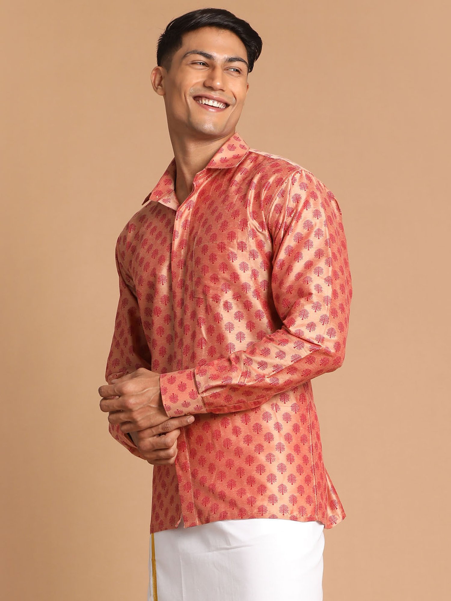 VASTRAMAY Pink Regular Fit Printed Ethnic Shirt