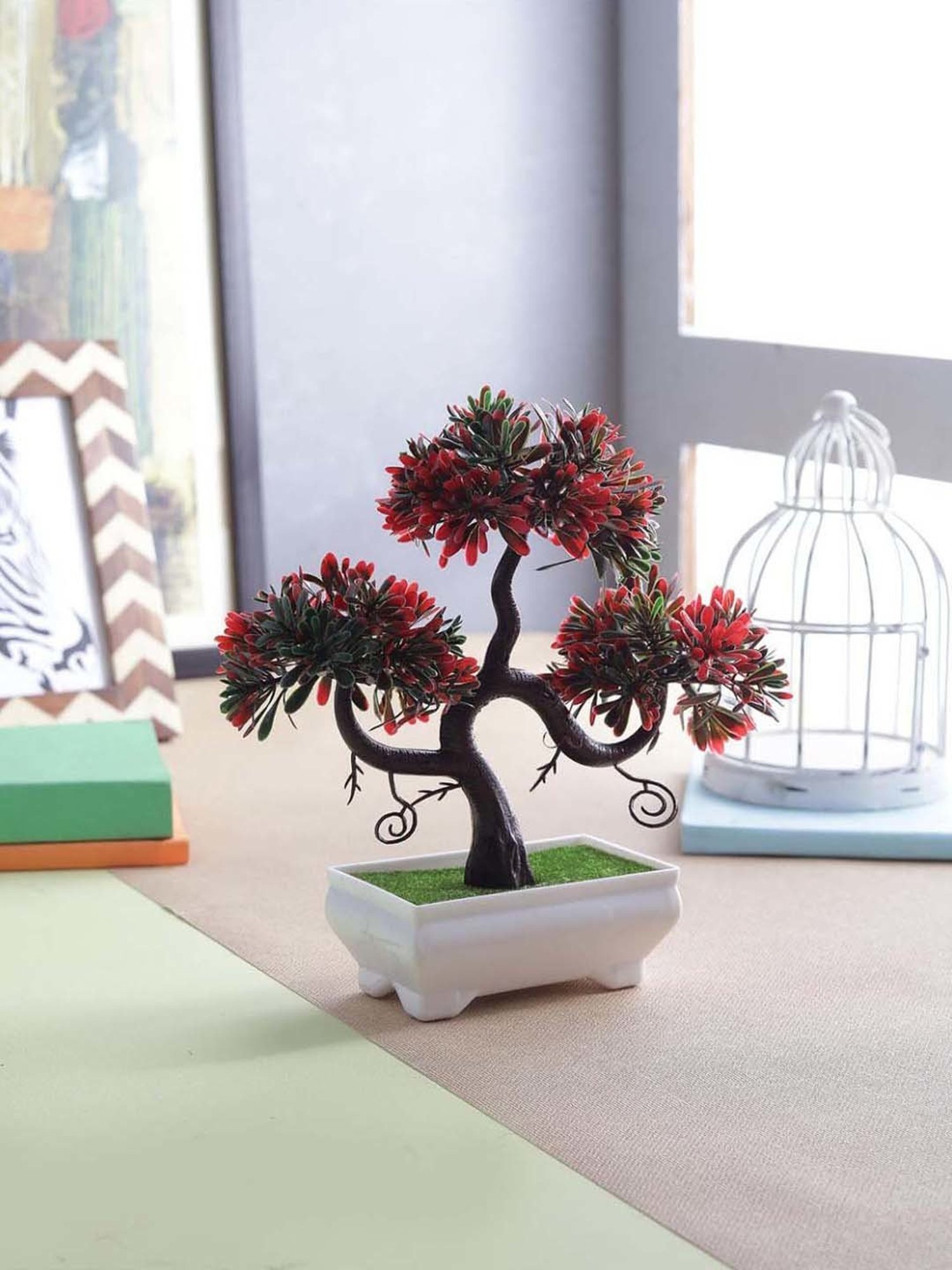 Foliyaj Red & Green Plastic Artificial Plant Bonsai Tree With Leaves