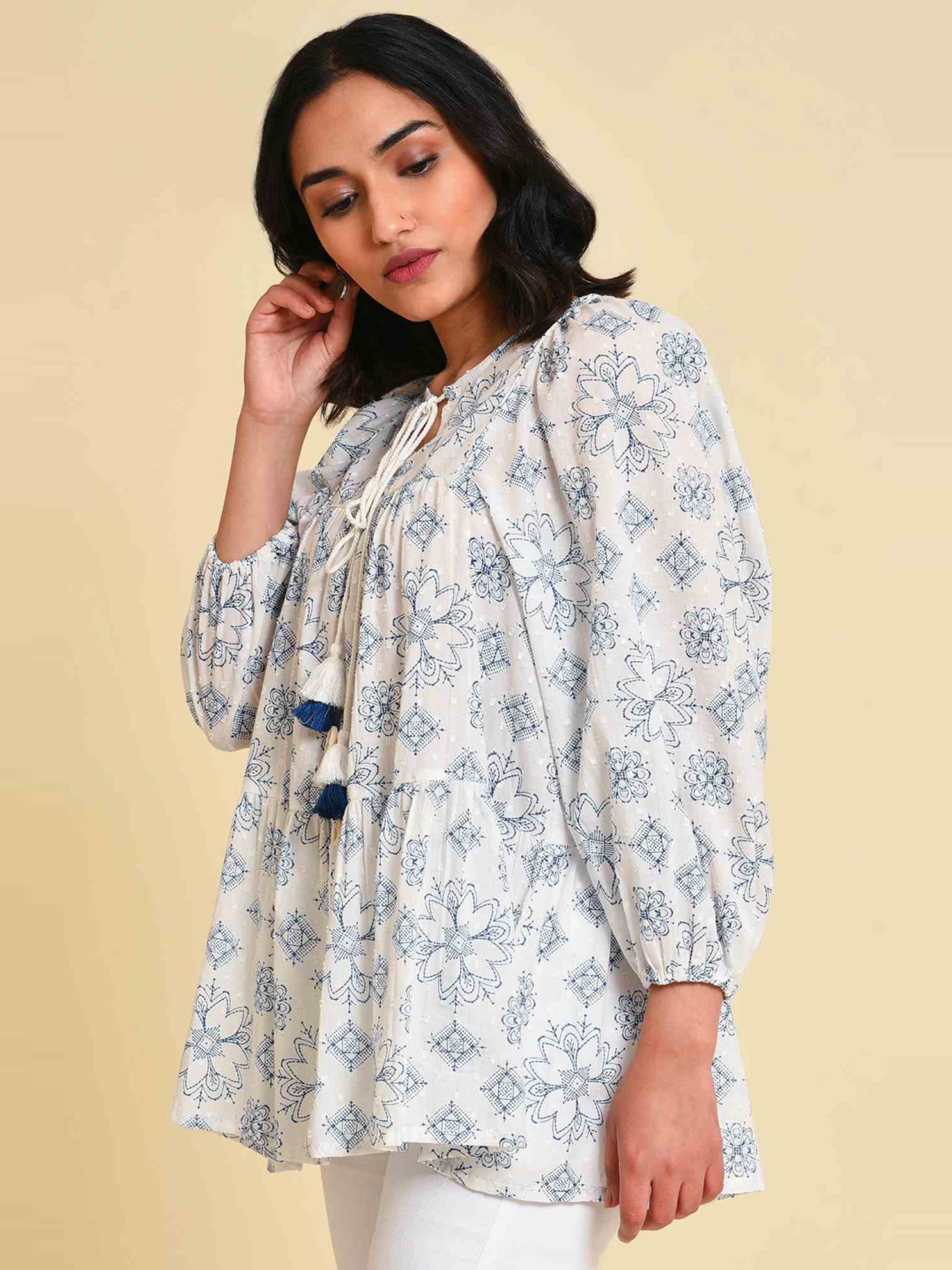 W Off-White Cotton Printed Top