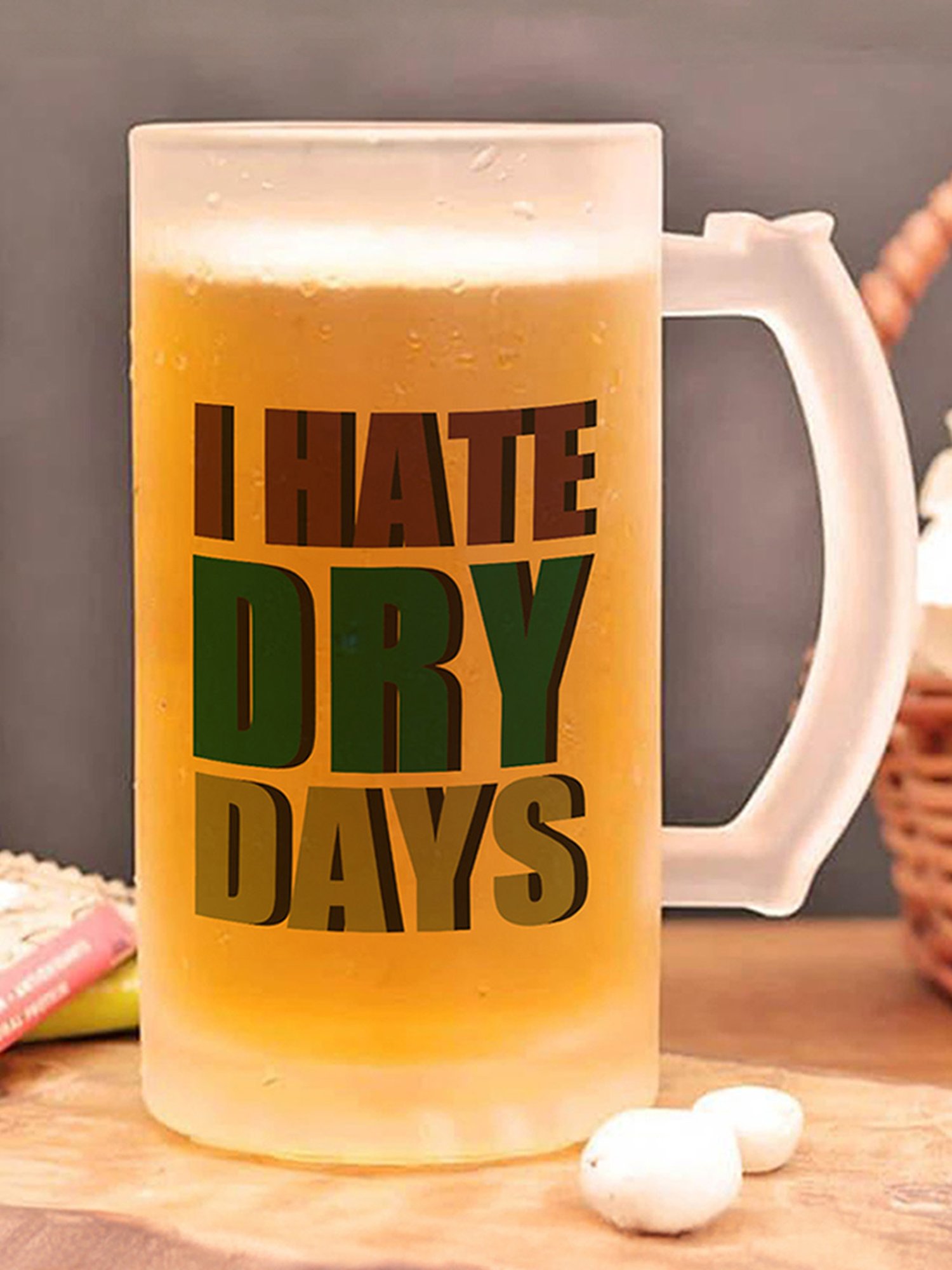 Gathari I hate Dry Days Quote White Glass Beer Mug with Handle 470 ml