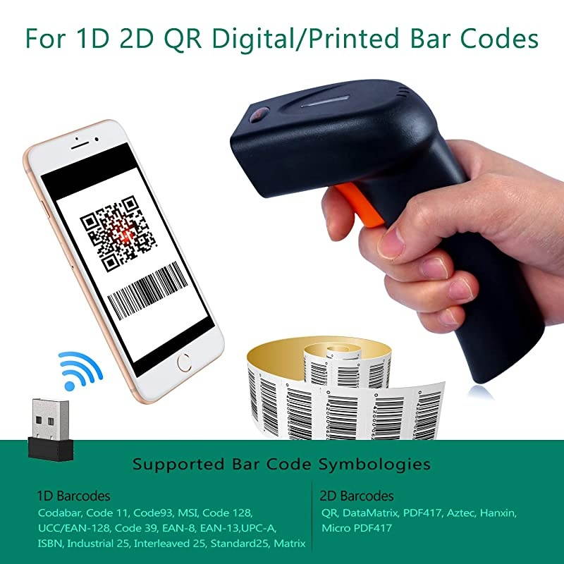 Barcode Scanner Wireless and Wired 1D 2D QR Digital Printed Bar Codes Reader Portable Handheld Barcode Scanner Compact with Magic Diamond Accurate Rapid Aiming System and Vibration Alert