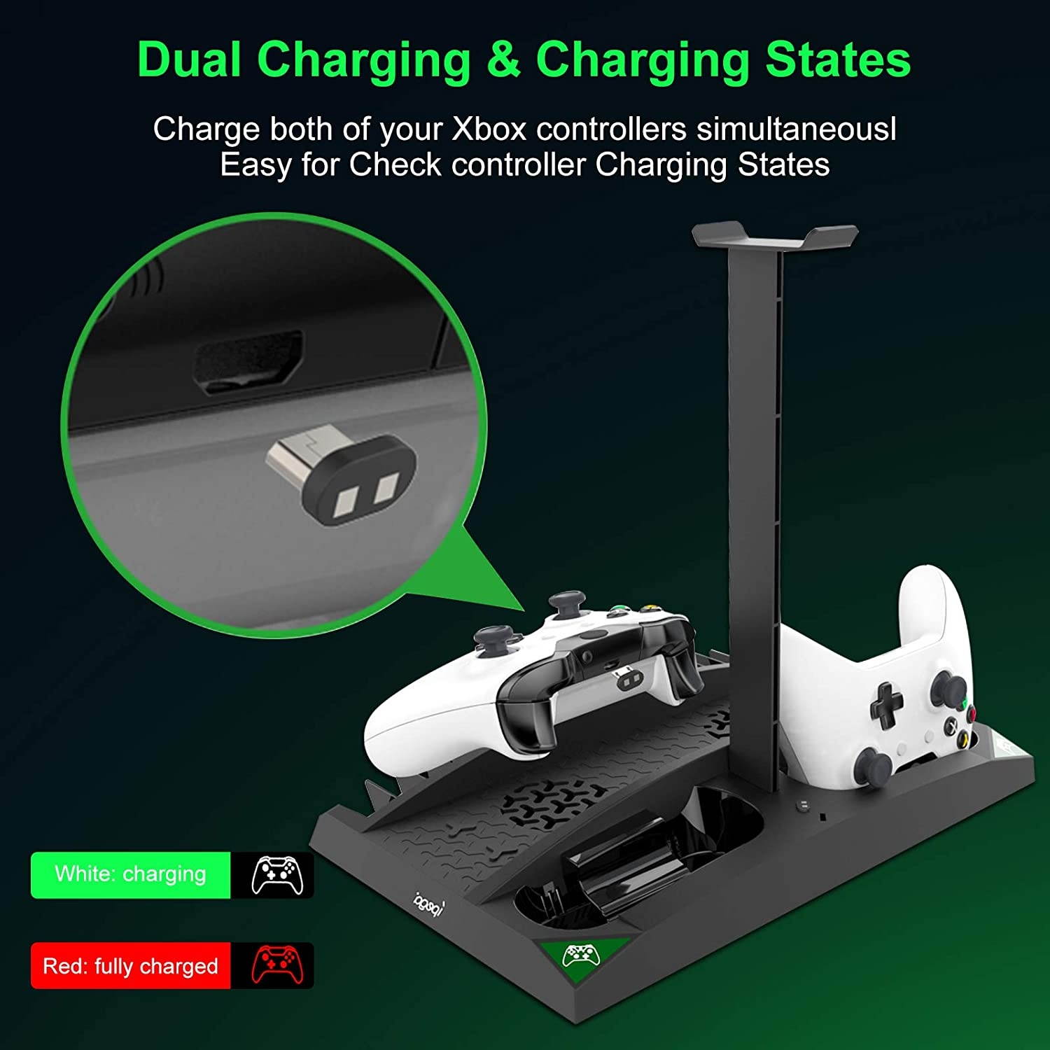 Linkstyle Vertical Cooling Stand Compatible with Xbox ONE X/ONE S/Regular ONE, with 2 Controller Charger Station, 17 Games Storage Slot, 1 Headset Storage Holder