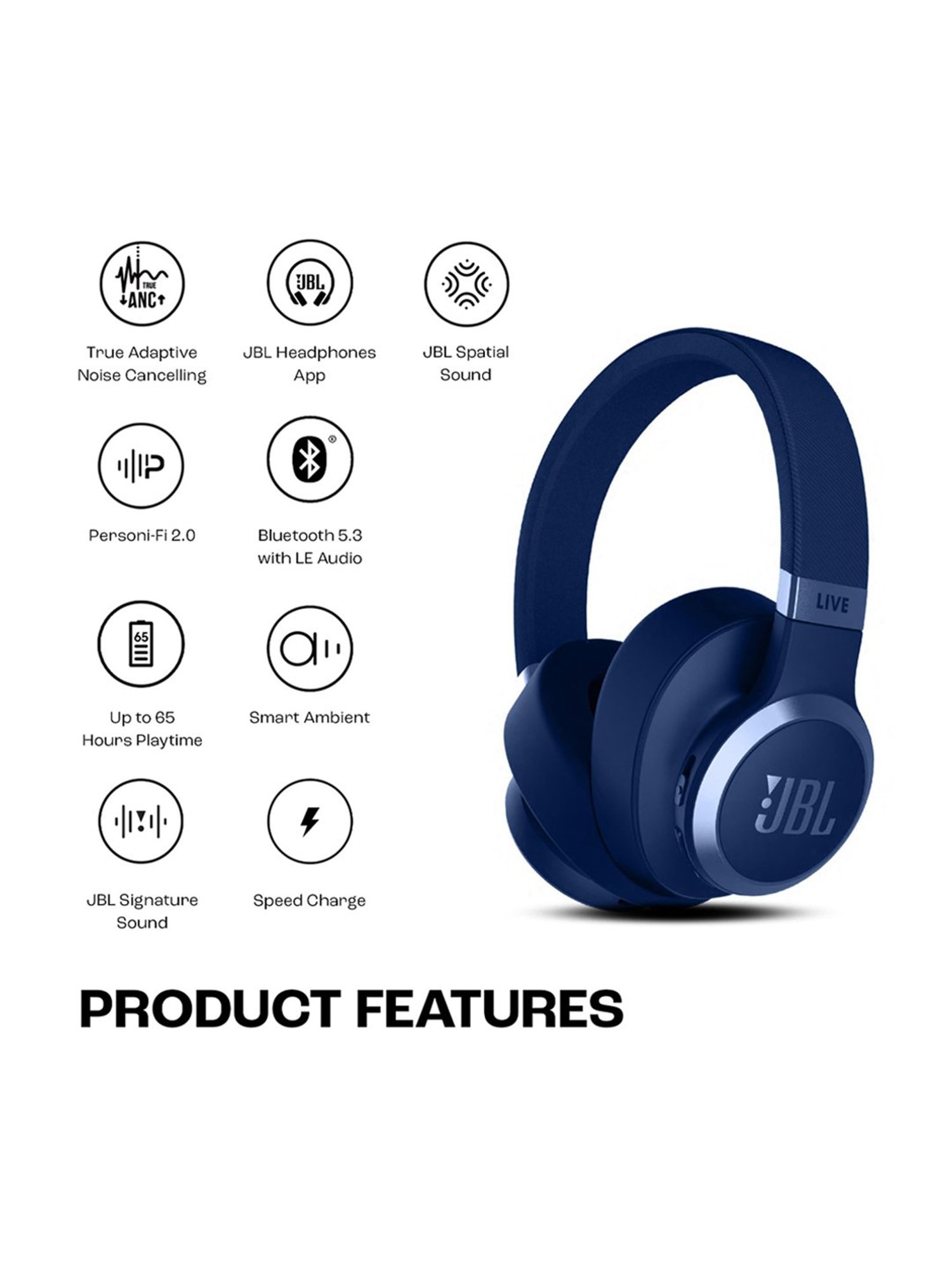 JBL Live 770NC Over Ear Wireless Headphones with True ANC & 65Hrs Playtime (Blue)