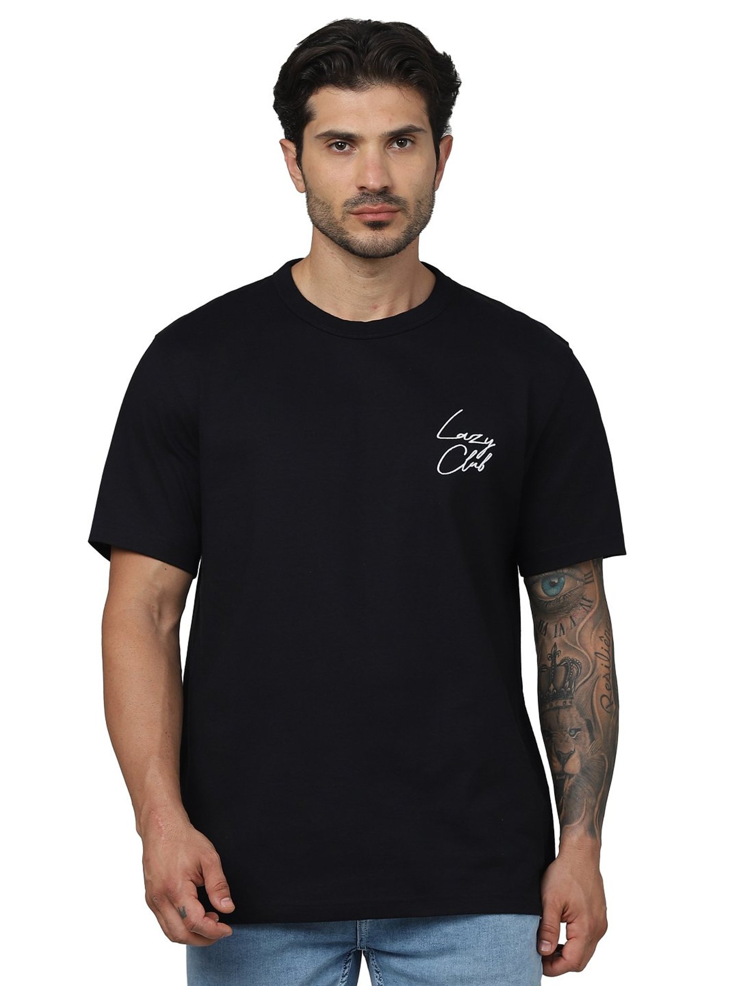 celio* Black Regular Fit Cotton Crew T-Shirt