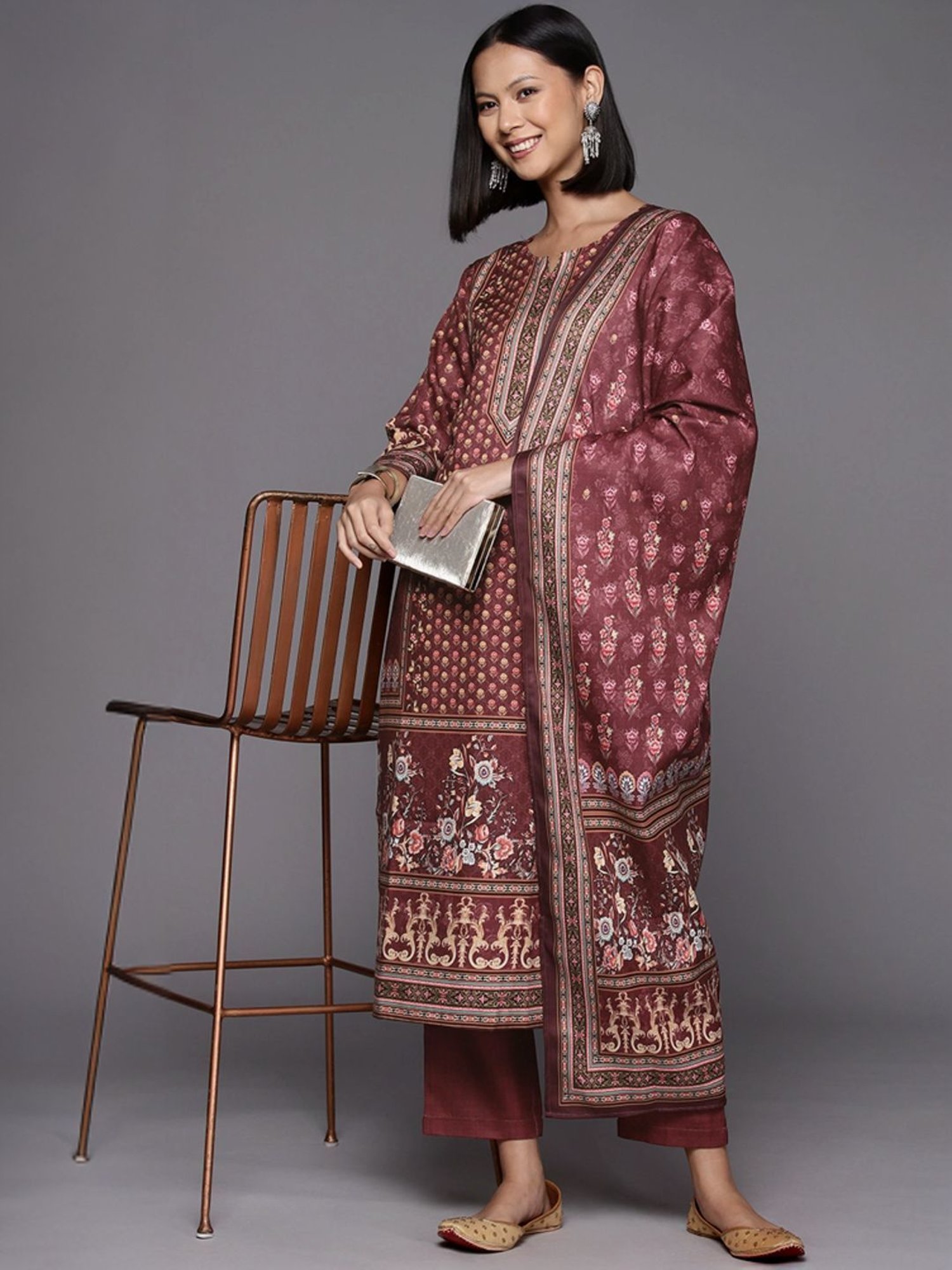 Varanga Maroon Floral Print Kurta Pant Set With Dupatta
