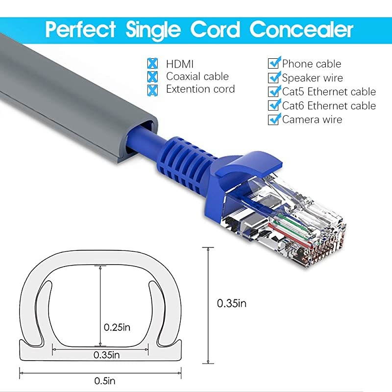 Cord Hider CMC06 Mini OnCable Cover Hide a Cable Concealer for Speaker Wire Ethernet Cable 8X L157in W05in H035in Total 125in Dark Grey