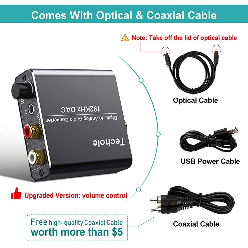Digital to Analog Audio Converter-Upgrade Volume Adjustable  Aluminum Optical to RCA with Optical &Coaxial Cable. Digital SPDIF TOSLINK to Stereo L/R &3.5mm Jack DAC Converter for PS4 Xbox DVD